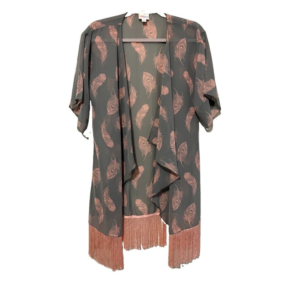 LuLaRoe Sheer Kimono Fringe Open Front Feather Boho Hippie Small